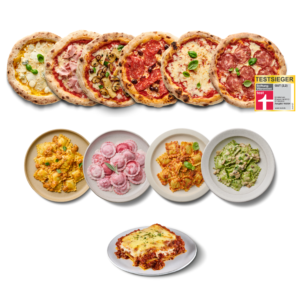 Verschiedene Pizzen und Nudelgerichte auf Tellern, daneben ein Testsieger-Logo von Stiftung Warentest.