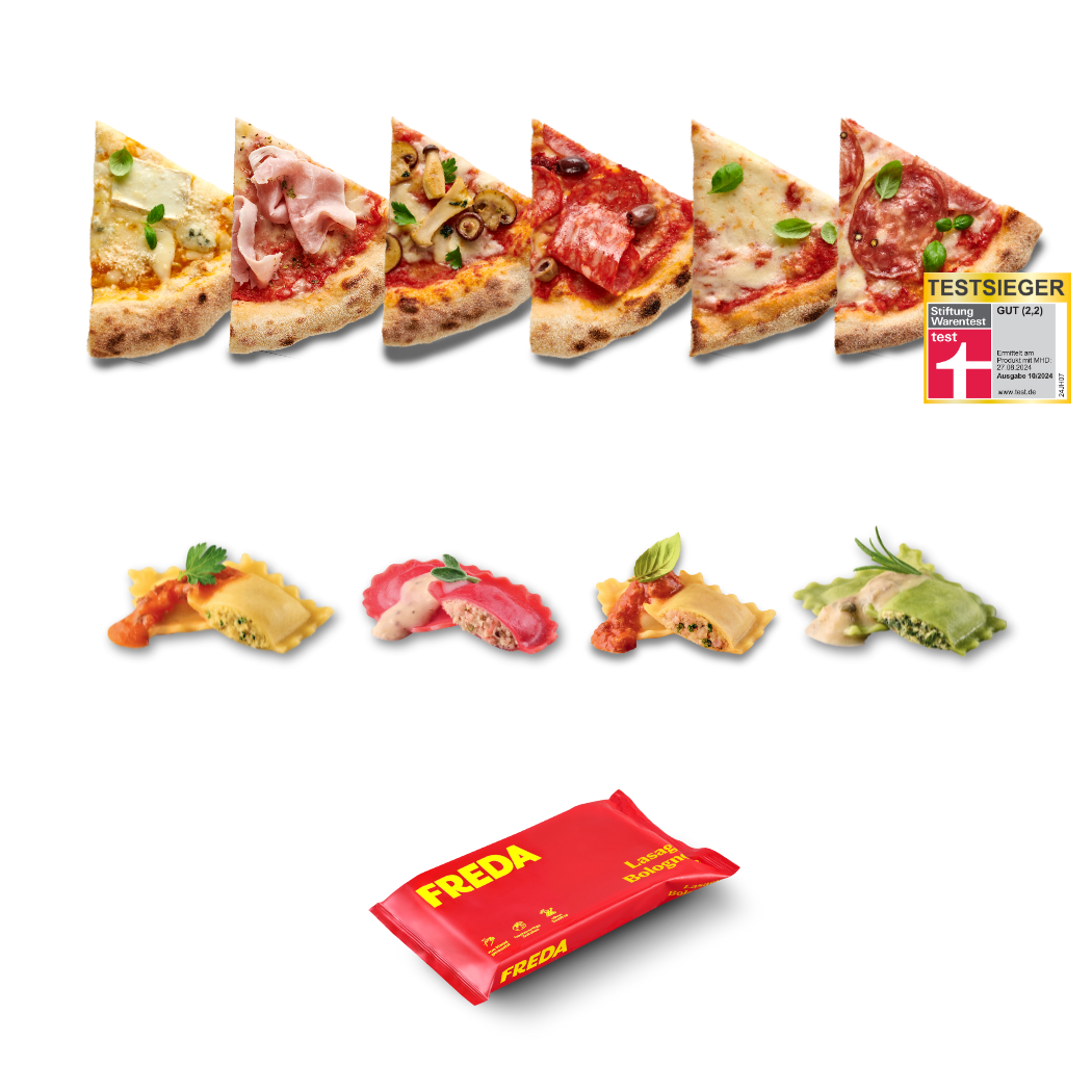 Verschiedene Pizzastücke und Tortellini mit einem Testiegel und einer roten Verpackung mit der Aufschrift "FREDA".