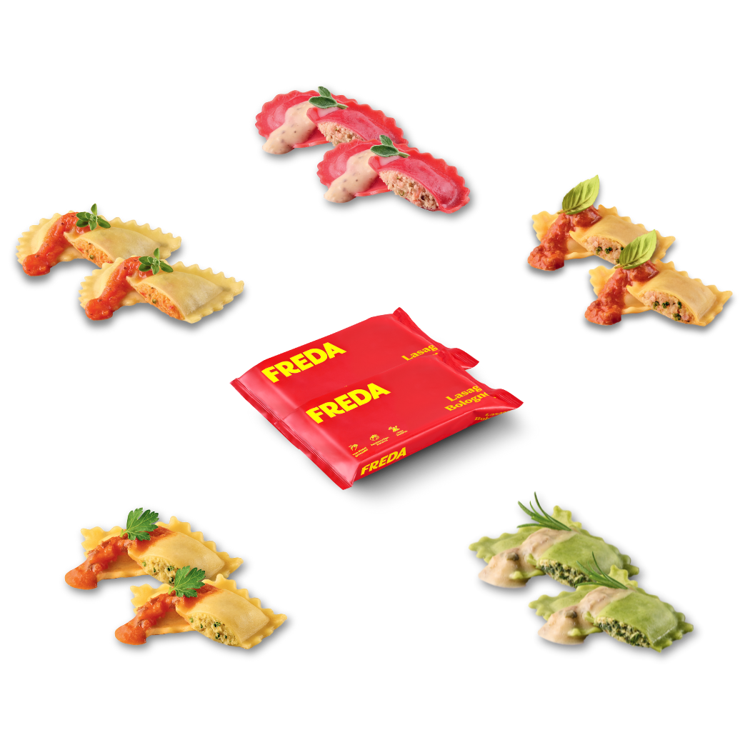 Fünf Sorten gefüllte Pasta mit verschiedenen Farben und Soßen, in der Mitte eine rote Verpackung mit gelbem Text.