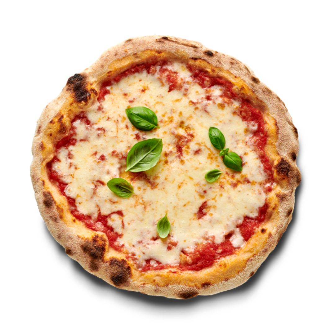 Pizza Margherita mit geschmolzenem Käse, Tomatensauce und Basilikumblättern auf einem knusprigen Teigboden.