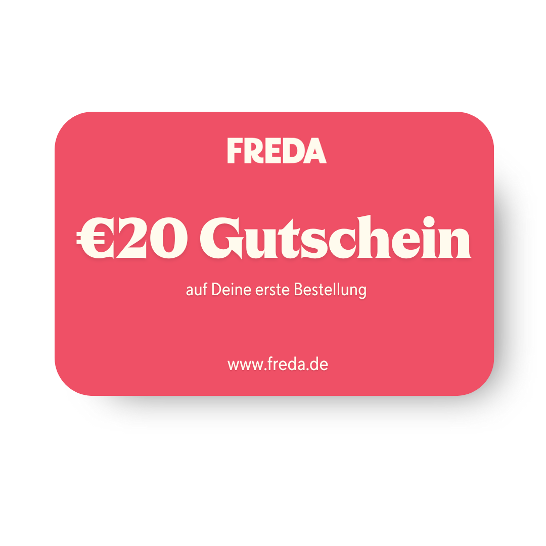Roter Gutschein mit der Aufschrift "€20 Gutschein auf Deine erste Bestellung" und Website "www.freda.de".