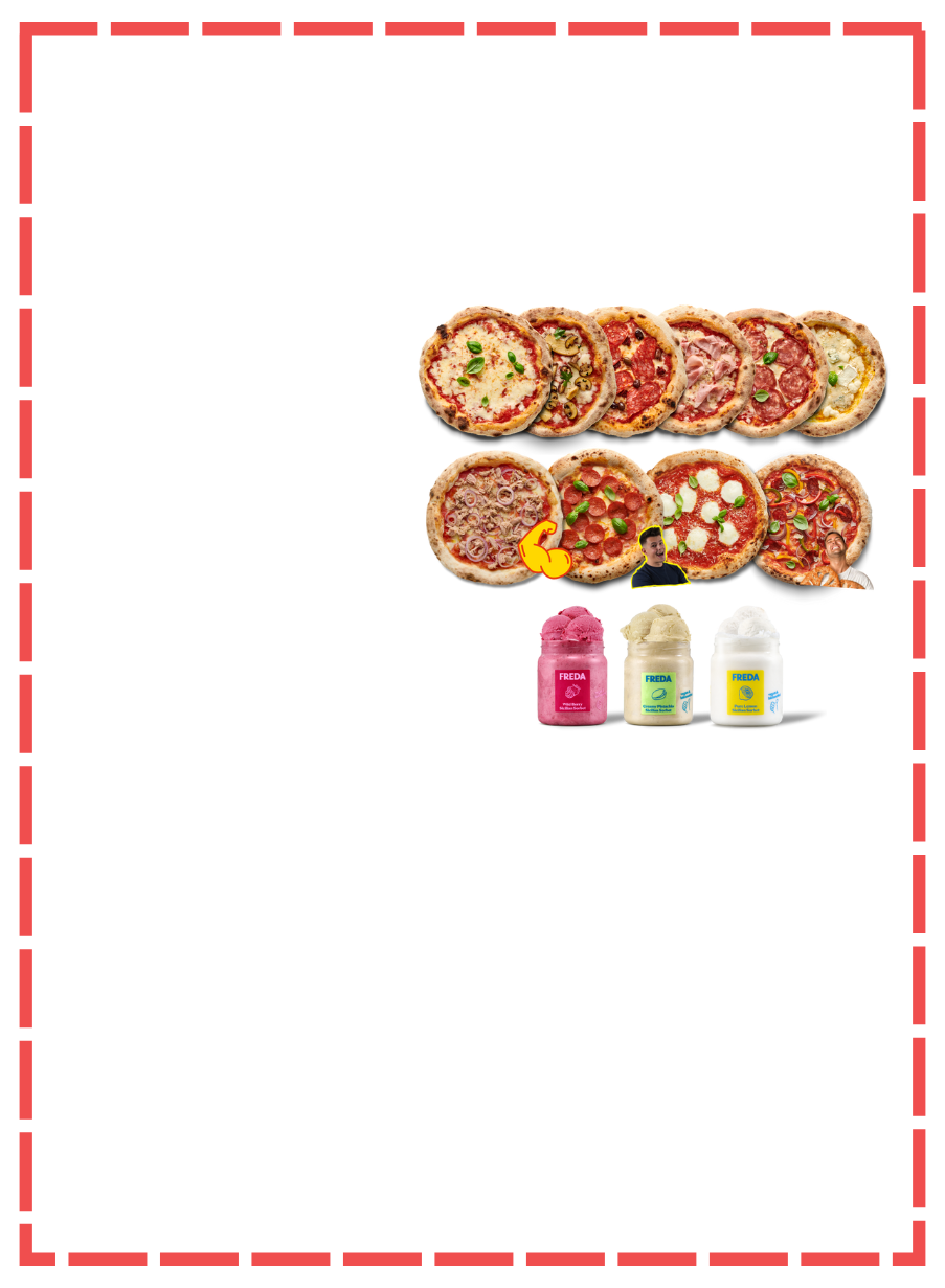 Eine Auswahl von Pizzen und Eisbehältern ist auf einem schwarzen Hintergrund mit rotem Rand zu sehen.