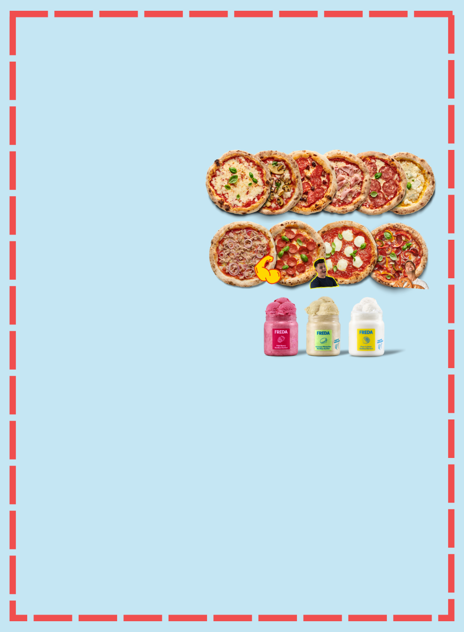 Verschiedene Pizzen und drei Gläser mit Aufstrich auf hellblauem Hintergrund mit rotem Rand.