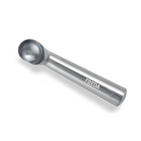 Metallischer Eiskugelformer mit der Aufschrift "FREDA" auf dem Griff, auf weißem Hintergrund.