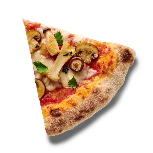 Ein Stück Pizza belegt mit Pilzen und Petersilienblättern auf einem hellen Untergrund.
