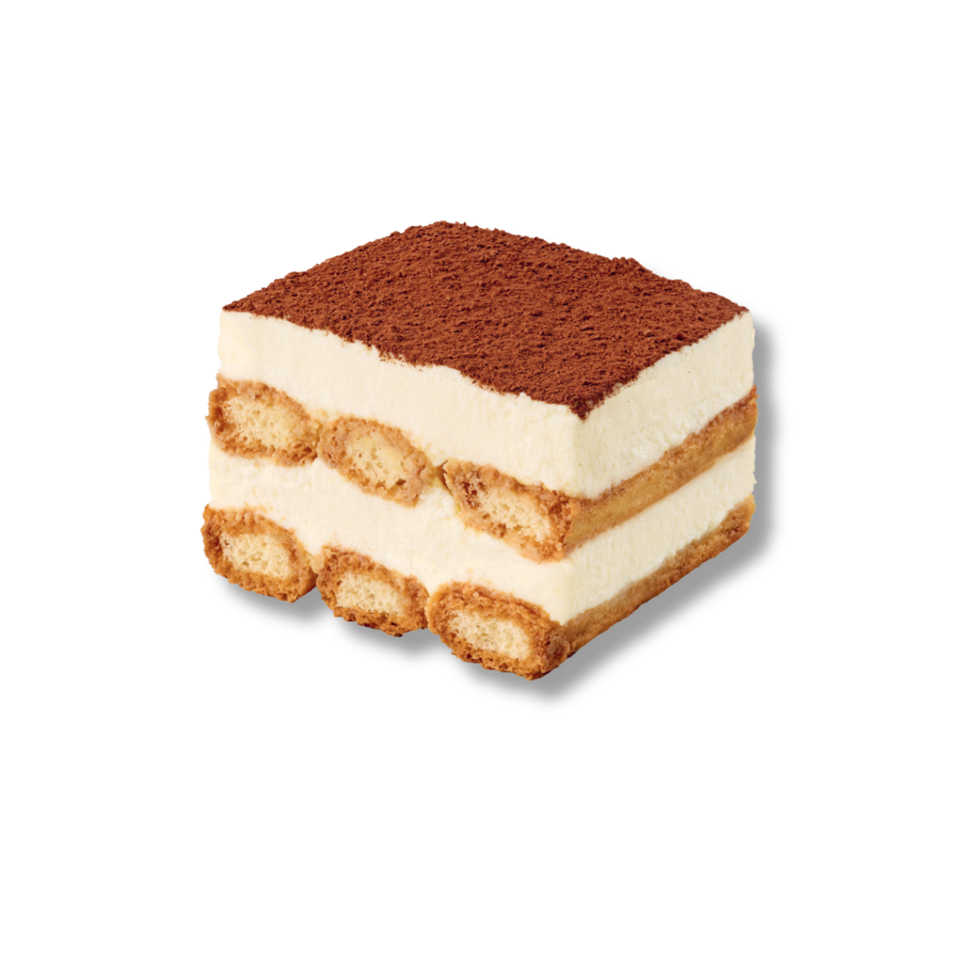 Ein Stück Tiramisu mit zwei Schichten von Biskuit und weißer Creme, bestäubt mit Kakaopulver.