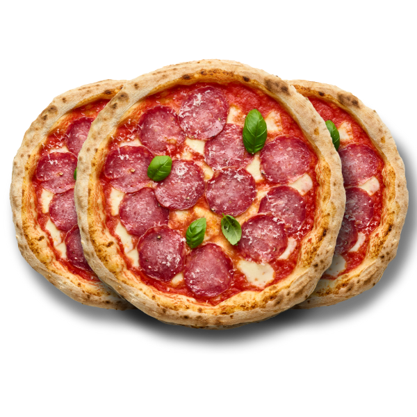 Zwei Pizzen mit Salami und Basilikumblättern auf einem weißen Hintergrund.