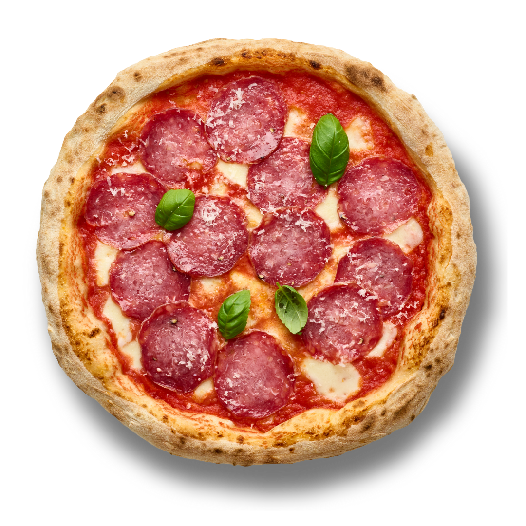 Pizza mit Salami, Tomatensauce, geschmolzenem Käse und frischen Basilikumblättern auf einem knusprigen Teig.
