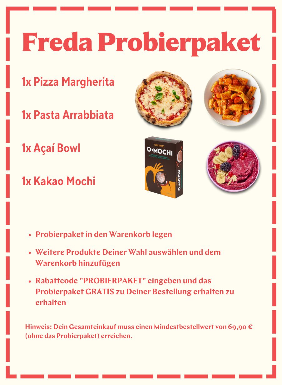 Angebot für ein Probierpaket mit Pizza, Pasta, Açaí Bowl und Kakao Mochi, inklusive Bestell- und Rabattdetails.