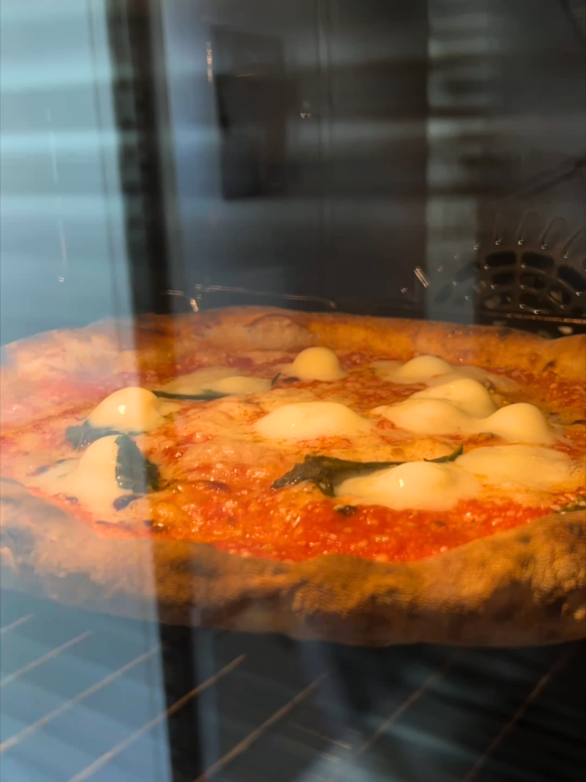 Pizza mit geschmolzenem Käse und Basilikum, die im Ofen gebacken wird.