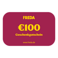 Roter Geschenkgutschein im Wert von 100 Euro mit der Aufschrift "FREDA" und der Website "www.freda.de".