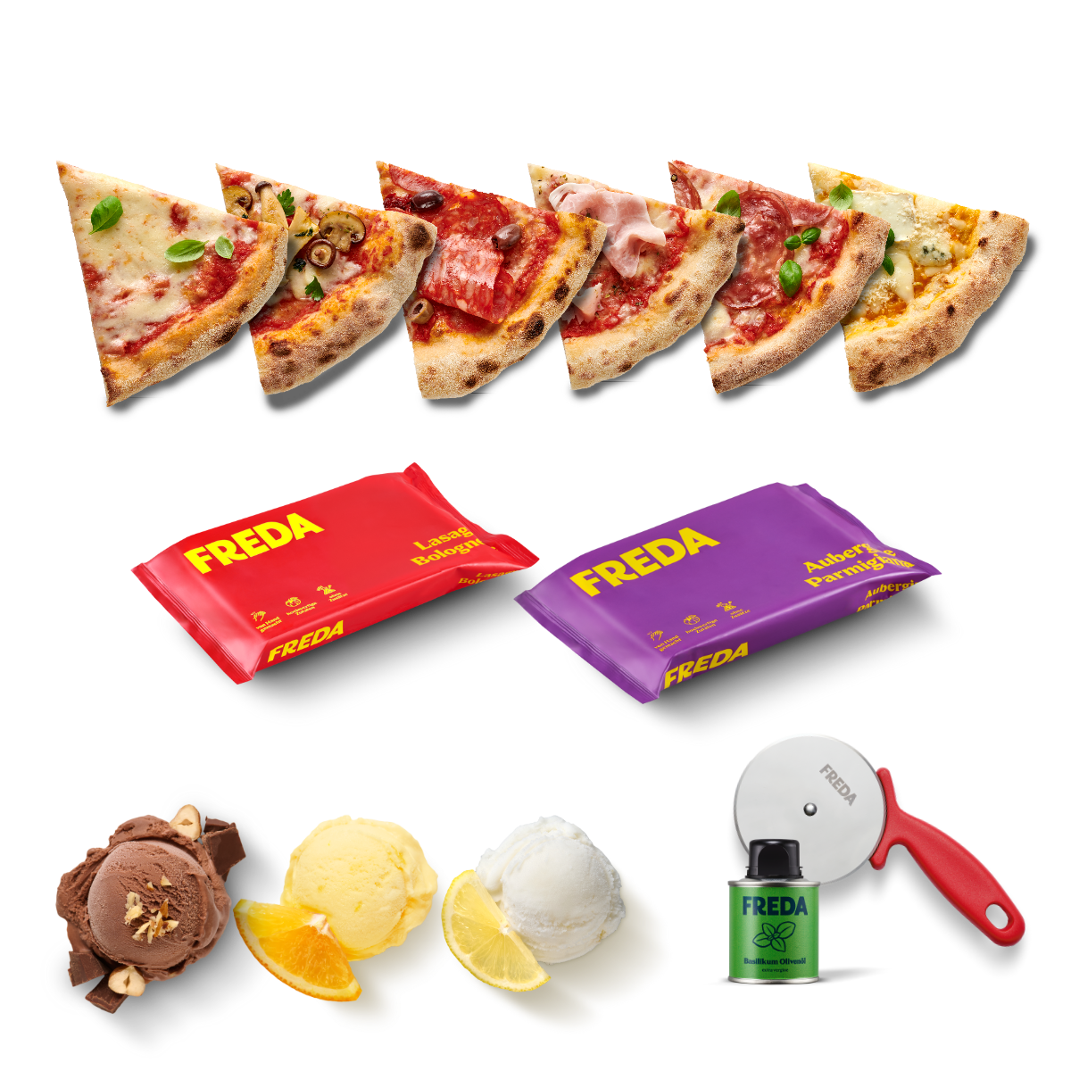 Einige Pizzastücke, zwei Freda-Verpackungen, drei Eiskugeln und ein Pizzaschneider mit einer kleinen Dose Olivenöl.