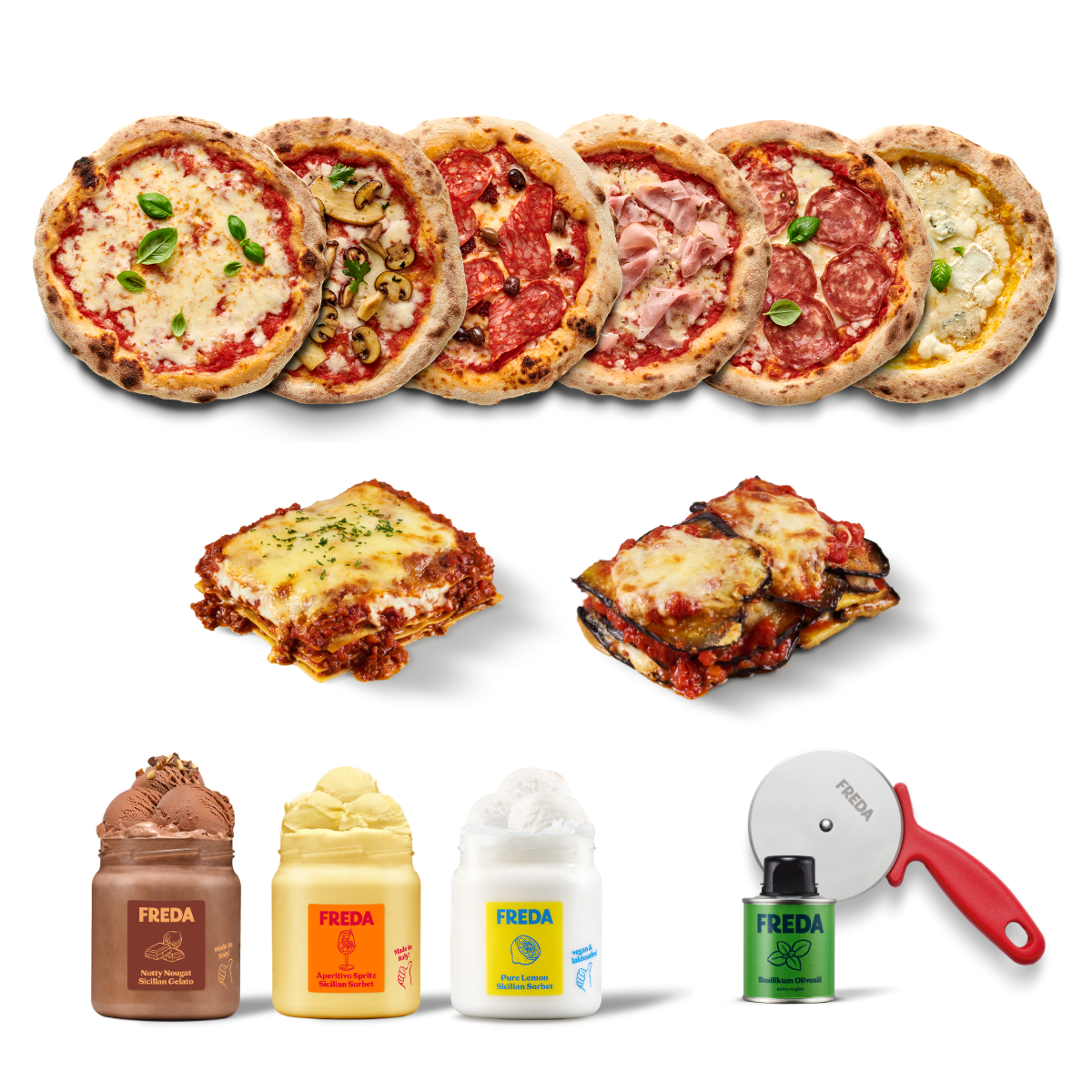 Eine Auswahl von sechs Pizzen, zwei Aufläufen, drei Gelato-Gläsern, Olivenöl und einem Pizzaschneider.