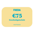 Geschenkgutschein von Freda im Wert von 75 Euro auf beigefarbenem Hintergrund mit blauem Text.
