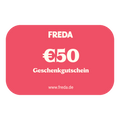 Geschenkgutschein im Wert von 50 Euro auf rotem Hintergrund mit der Aufschrift "FREDA" und "www.freda.de" darunter.
