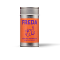 Silberne Dose mit orangener Etikett-Aufschrift: "FREDA Tomate Knoblauch, mediterranean blend" und einem Tomaten-Knoblauch-Motiv.