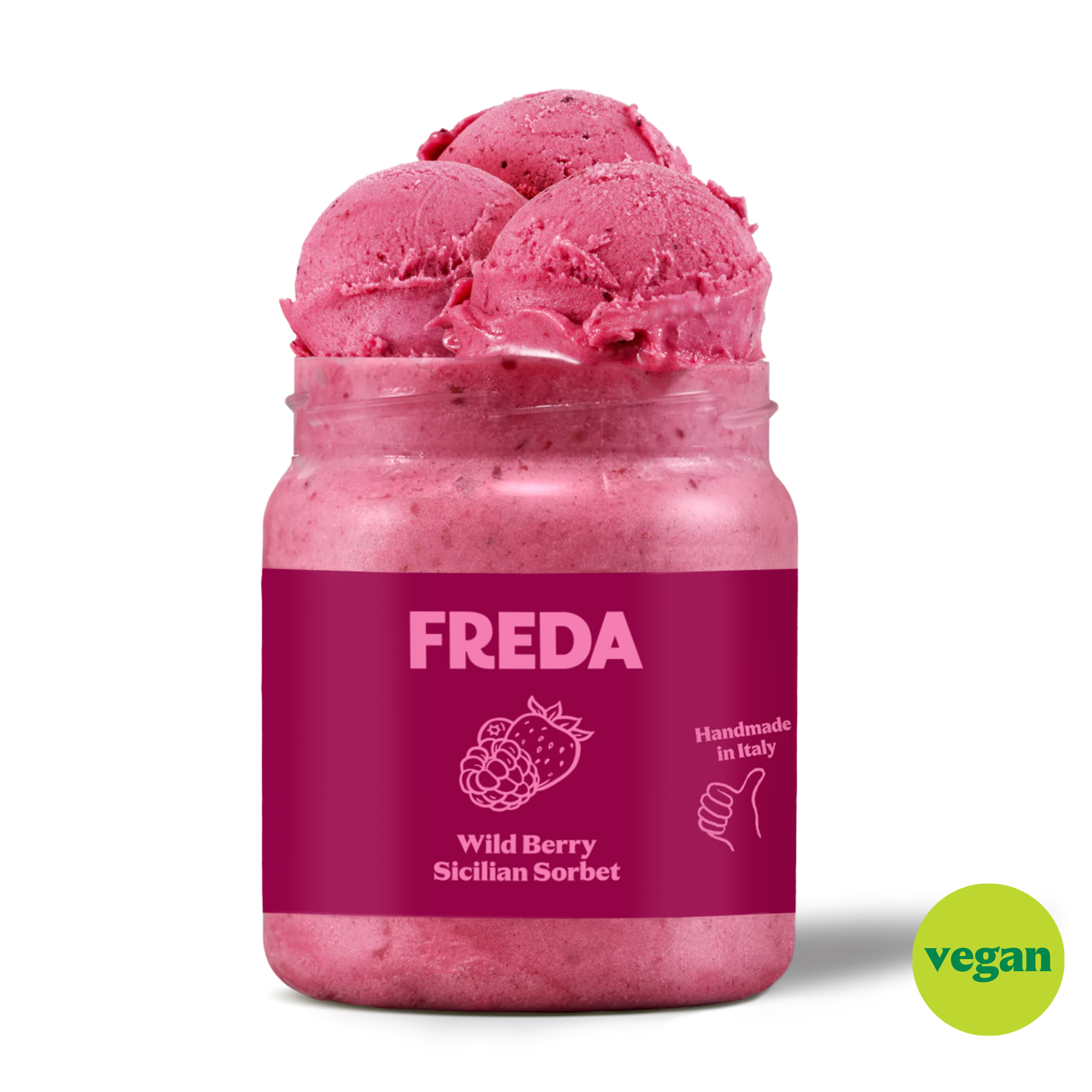Ein Glas gefüllt mit rosa Sorbet, etikettiert mit "Freda Wild Berry Sicilian Sorbet", daneben ein grünes "vegan"-Symbol.