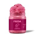 Glas mit rosa Sorbetkugeln, Aufschrift: "Freda, Wild Berry Sicilian Sorbet, Handmade in Italy".