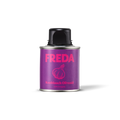 Lila Dose mit schwarzem Deckel, beschriftet mit "FREDA" und "Knoblauch Olivenöl extra vergine", daneben eine Knoblauchzeichnung.