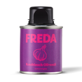 Violette Blechdose mit der Aufschrift „FREDA Knoblauch Olivenöl extra vergine“ und einer schwarzen Kappe.