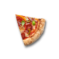 Ein Stück Pizza mit Peperoni, Zwiebeln, Paprika, Basilikum und Käse auf schwarzem Hintergrund.