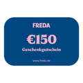 Geschenkgutschein im Wert von 150 € mit der Aufschrift "FREDA" und der Webseite "www.freda.de" auf blauem Hintergrund.