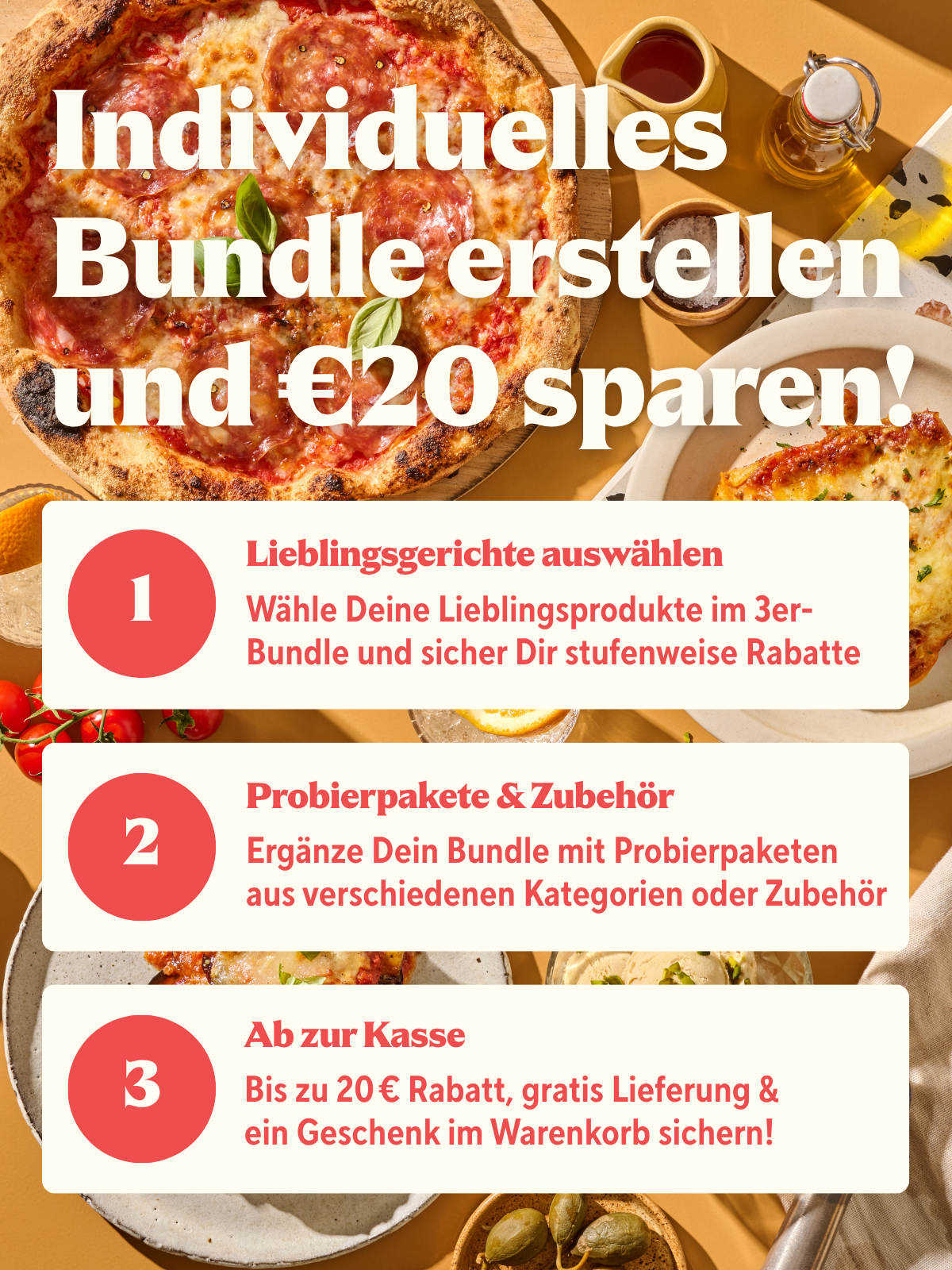 Ein Werbebild für ein Bundle-Angebot mit einer Pizza im Hintergrund und drei Schritten zur Bestellung.