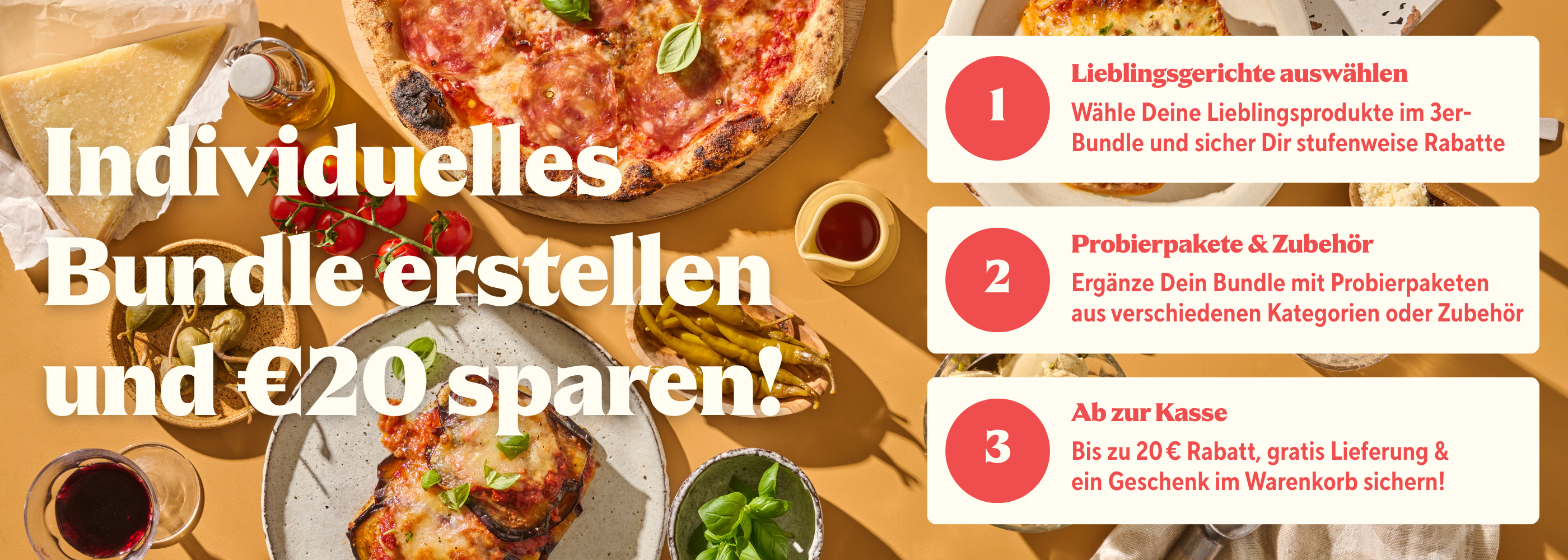 Text auf Lebensmitteln zeigt Schritte, um ein individuelles Bundle zu erstellen und 20 € zu sparen.