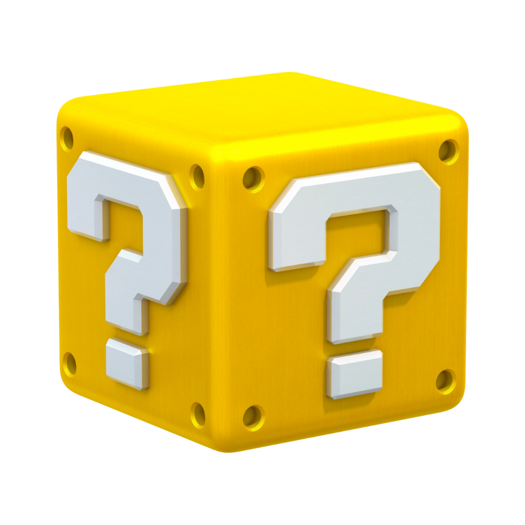 Gelber Würfel mit weißen Fragezeichen auf jeder Seite, inspiriert von einem bekannten Videospiel-Design.