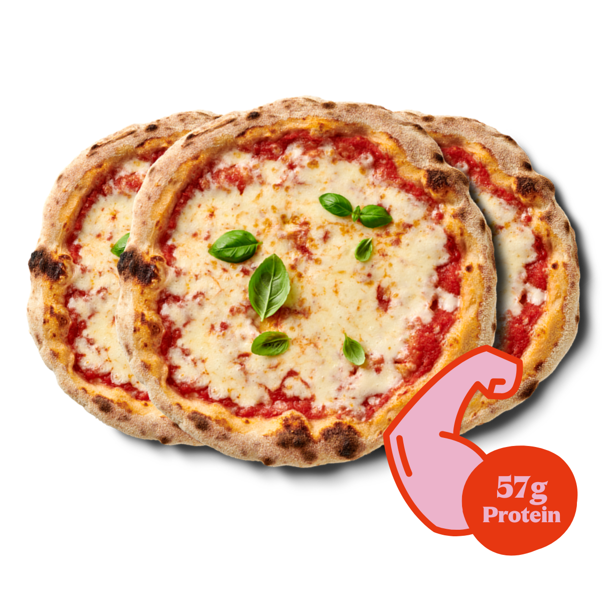 Drei Pizzen mit Käse und Tomatensoße, dekoriert mit Basilikum, und ein Symbol, das 57g Protein anzeigt.