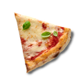 Ein Stück Pizza Margherita mit Käse, Tomatensauce und Basilikumblättern auf schwarzem Hintergrund.