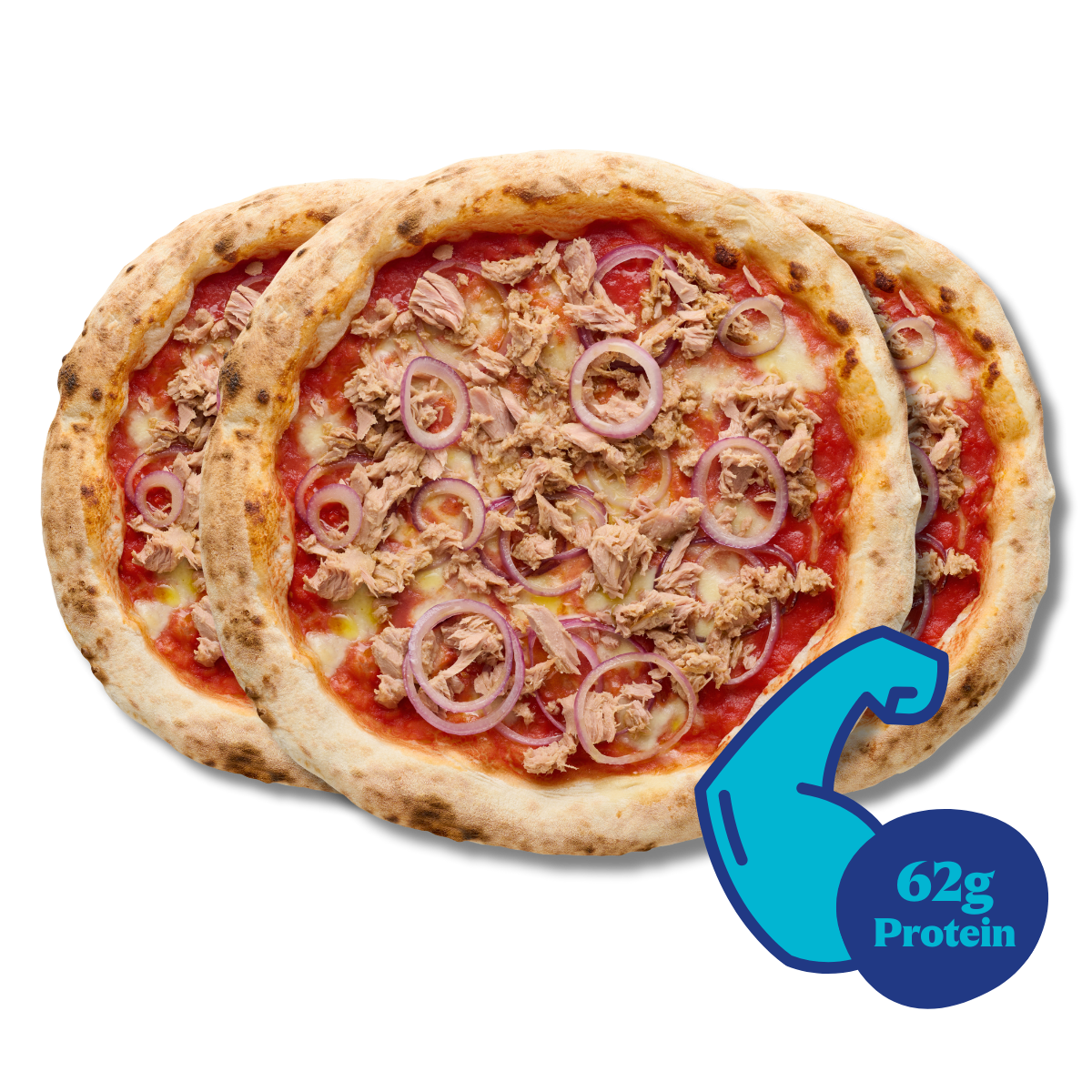 Drei Pizzen mit Thunfisch und Zwiebeln, daneben ein Symbol mit muskulösem Arm und der Aufschrift "62g Protein".
