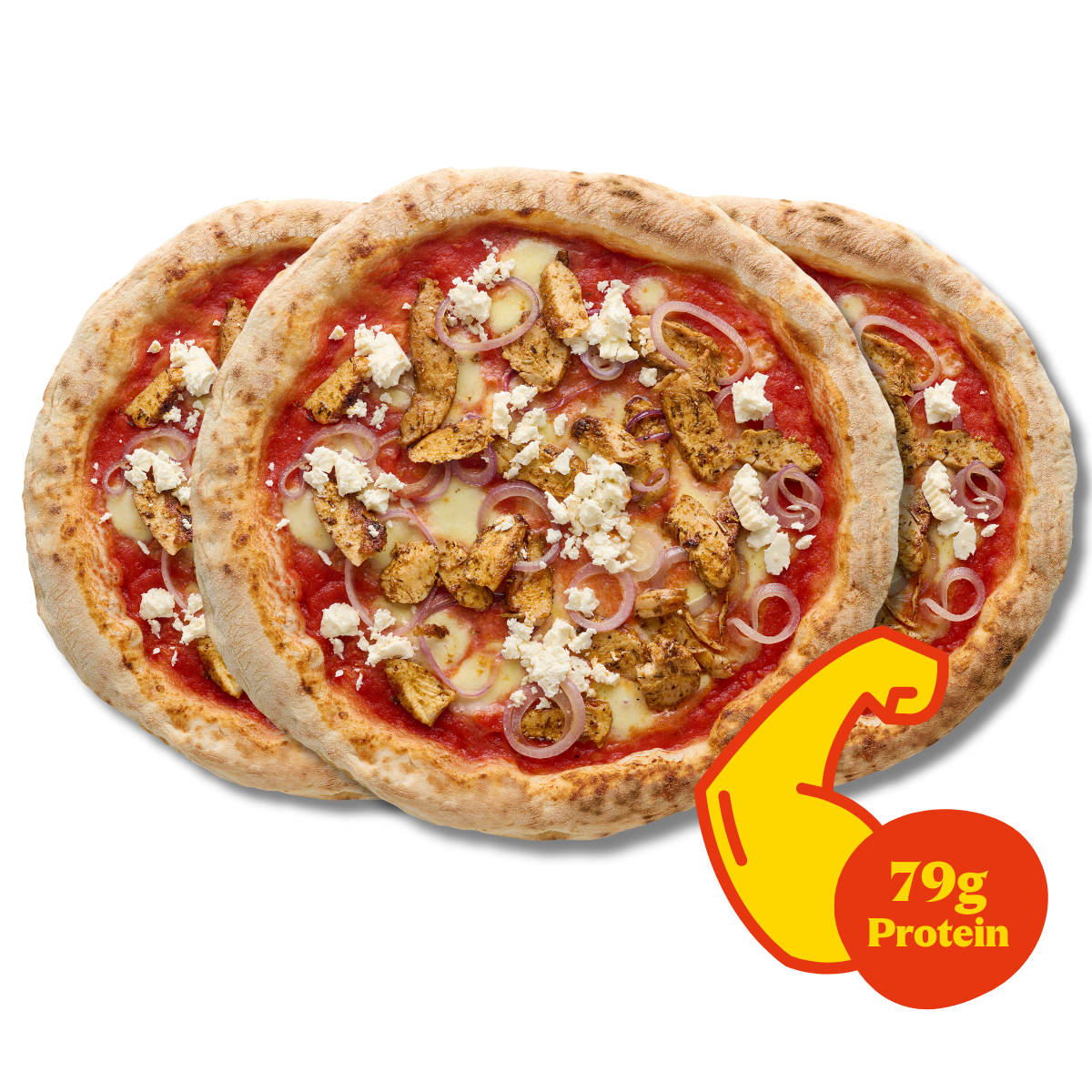 Drei Pizzen mit Hühnchen, Zwiebeln und Feta; daneben ein Symbol mit Muskel und "79g Protein".