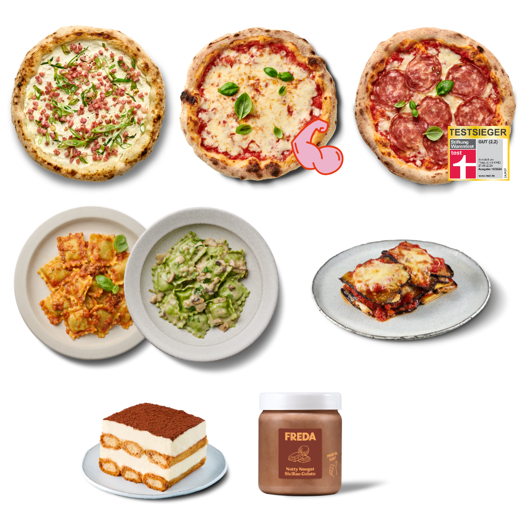 Eine Auswahl italienischer Gerichte wie Pizzen, Nudeln, Lasagne, Tiramisu und ein Glas mit Schokocreme.