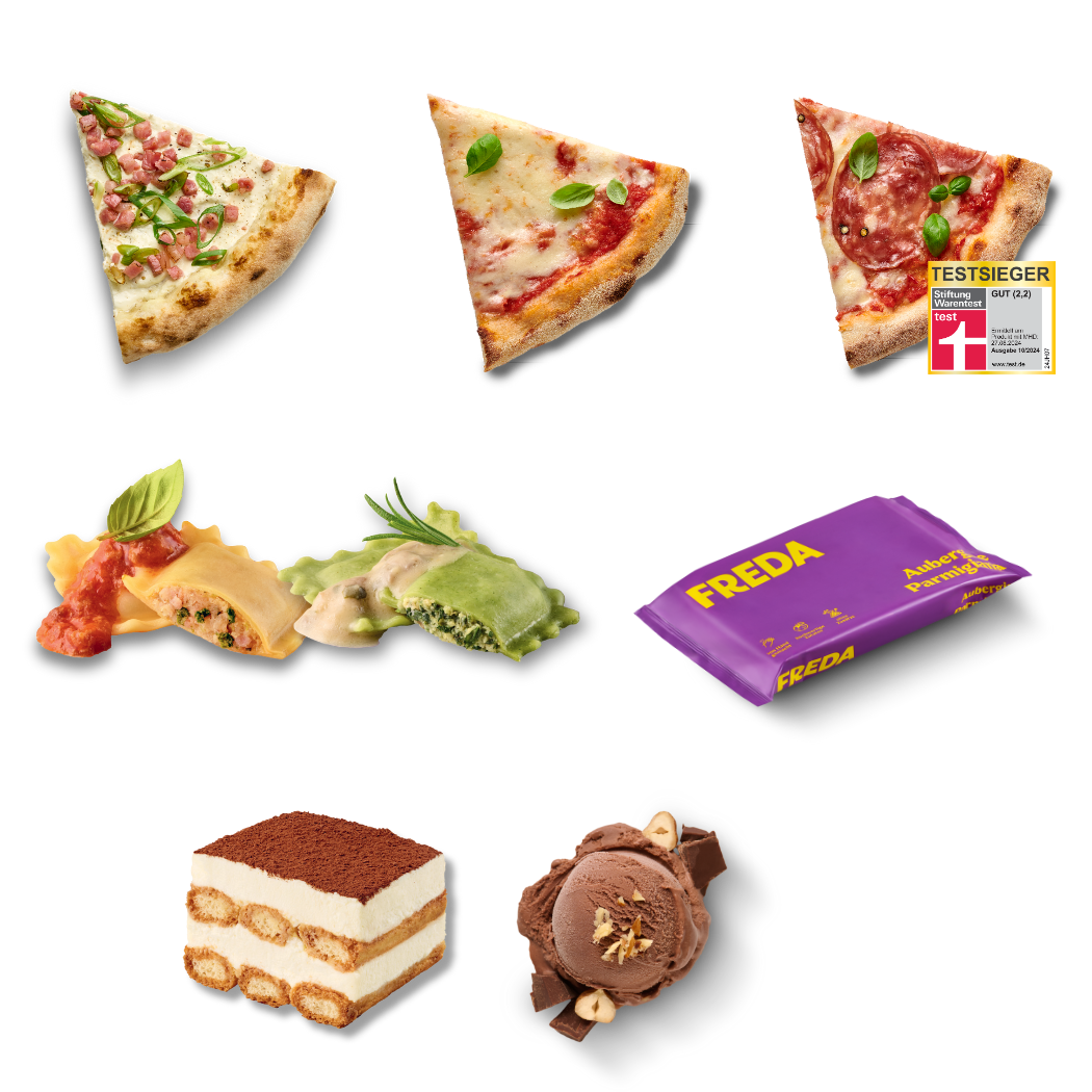 Verschiedene Pizzastücke, Ravioli mit Soße, ein verpacktes Produkt, Tiramisu und Schokoladeneis sind abgebildet.