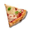 Ein Stück Pizza Margherita mit Tomatensauce, Käse und Basilikumblättern.