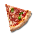 Ein Stück Pizza mit Salami, Tomatensoße, Käse und frischem Basilikum auf einem goldbraun gebackenen Teig.